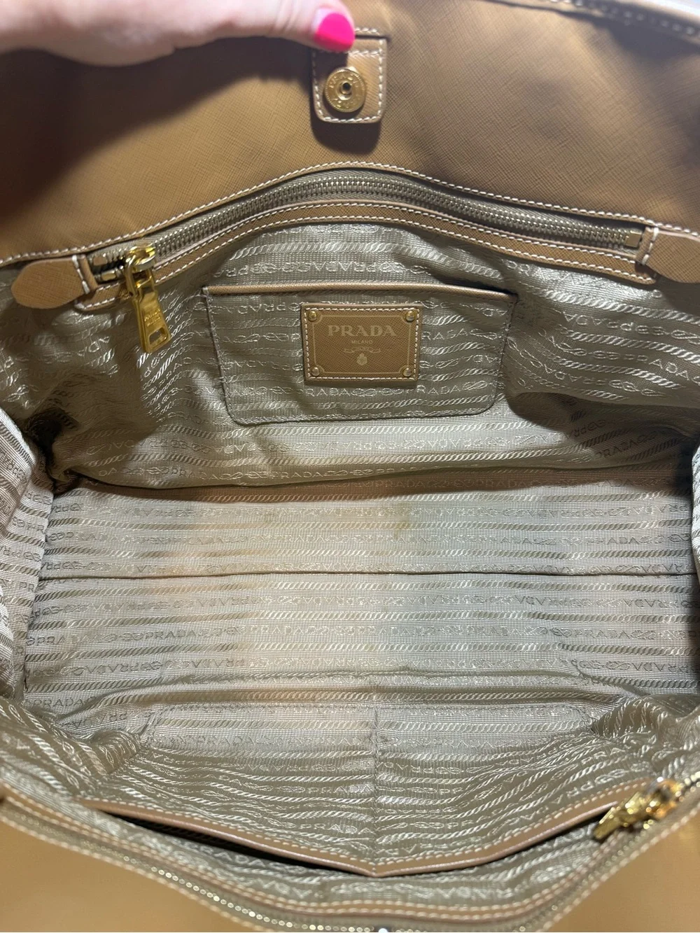 Prada Beige Canvas with Brown Saffiano Trim Tote